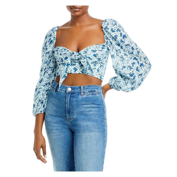 BARDOT Blue Pouf Sleeve Crop Top Top 2 - Picture 1 of 2